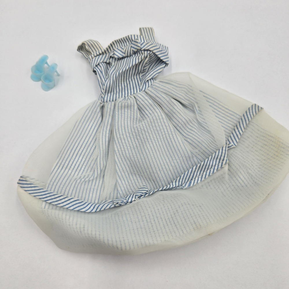 Vtg Mattel 1962 Barbie Movie Date #933 Outfit Blue White Striped Dress & Shoes